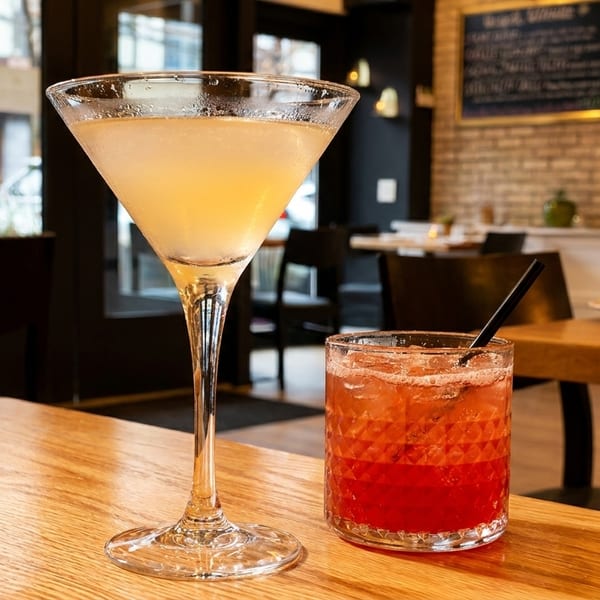 Two cocktails, one yellow in a martini glass and one red in a rocks glass, on a wooden table.