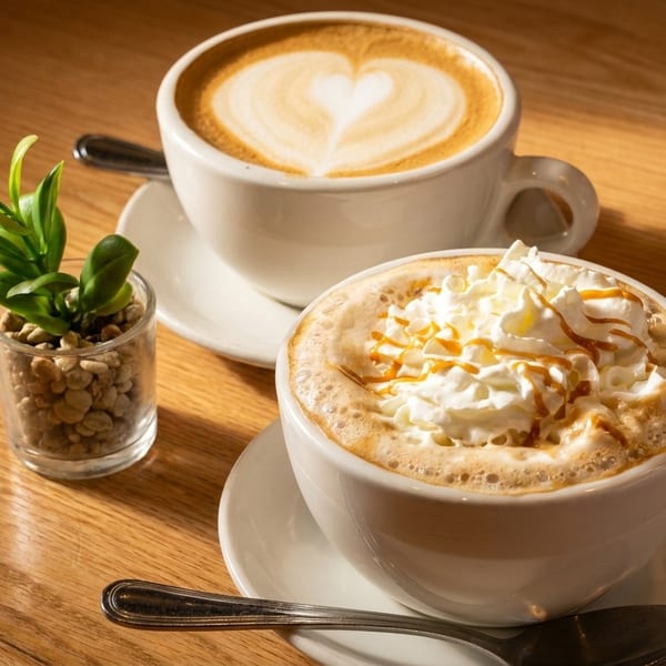 Two coffee drinks, one with latte art and one with whipped cream and caramel, on a wooden table.