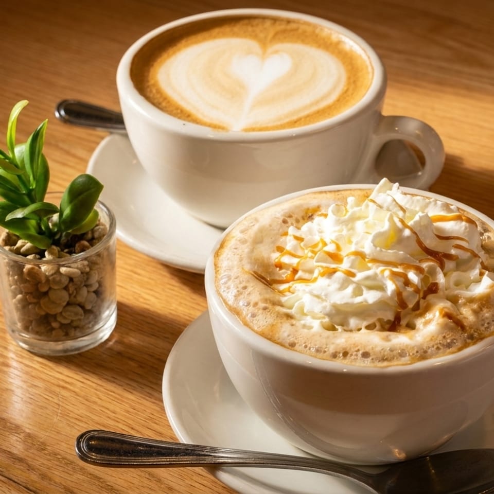 Two coffee drinks, one with latte art and one with whipped cream and caramel, on a wooden table.