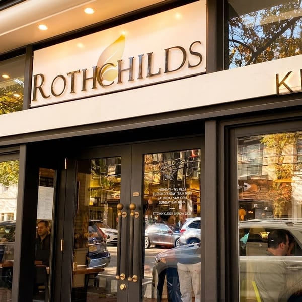 The exterior of Rothschilds Coffee Kitchen, with its name and "Coffee" and "Kitchen" signs visible.