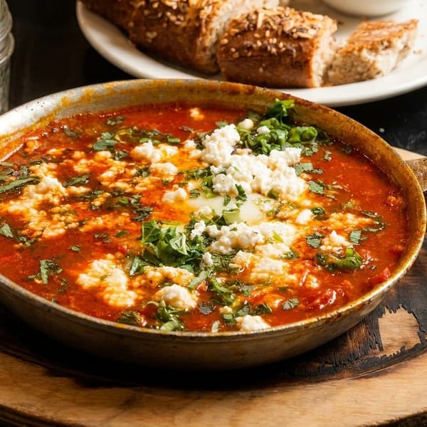 Shakshuka in a skillet with feta cheese and herbs, served with bread on a wooden board.