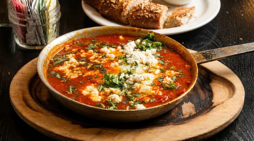 Shakshuka in a skillet with feta cheese and herbs, served with bread on a wooden board.