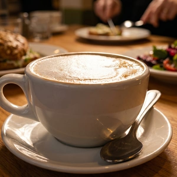 A frothy latte, sandwich, and salad on a wooden table, with a person eating in the background.