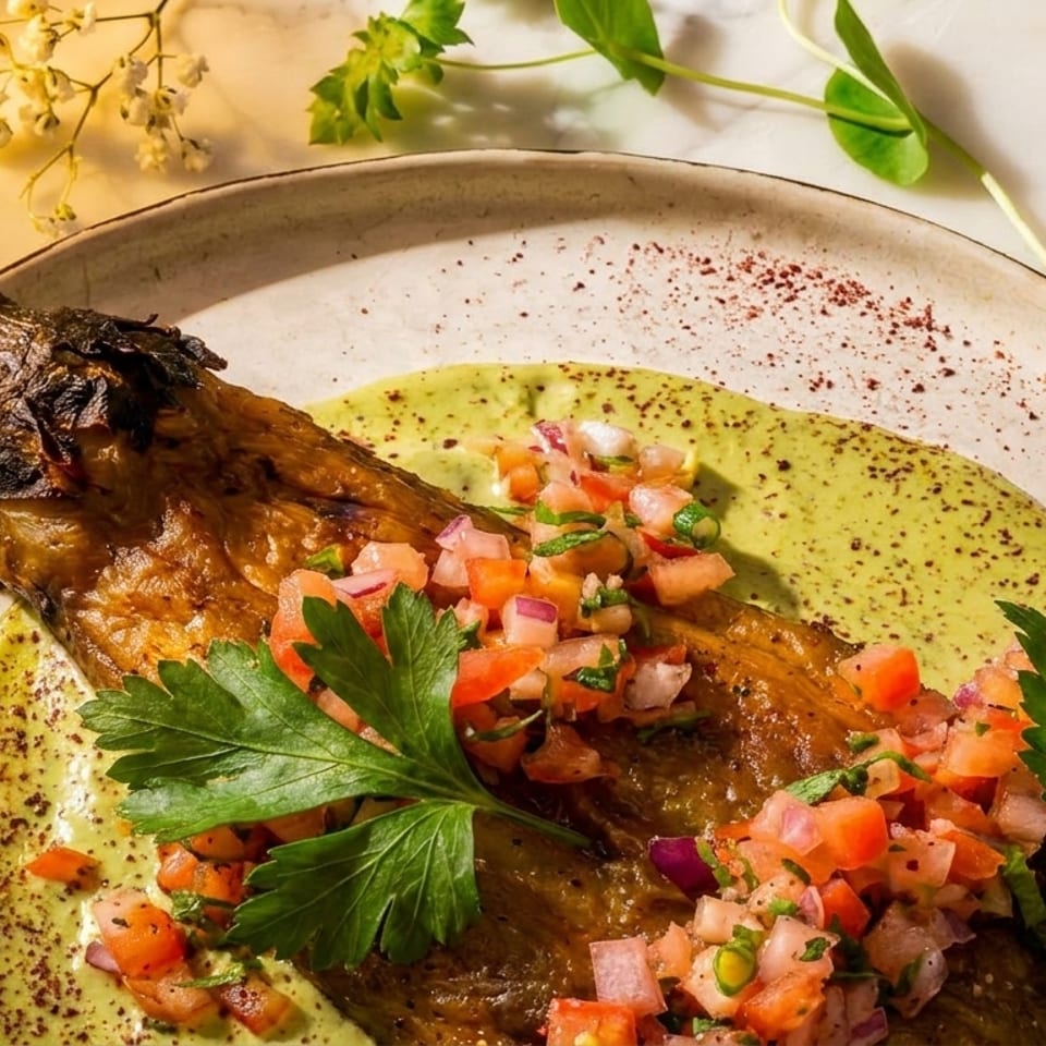 Grilled eggplant with green sauce, fresh tomato and onion salsa, and parsley on a plate.