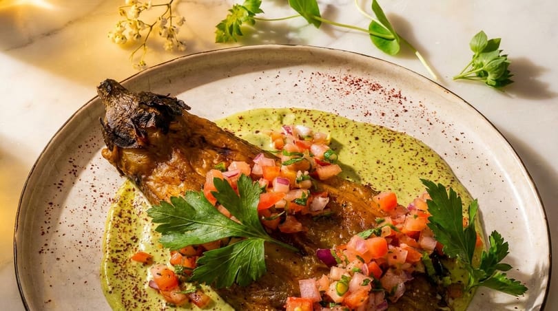 Grilled eggplant with green sauce, fresh tomato and onion salsa, and parsley on a plate.