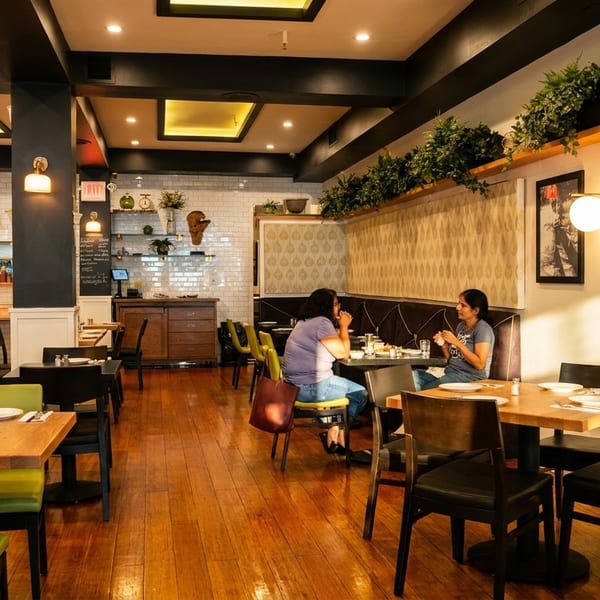 Restaurant interior with wooden floors, black beams, white subway tile, and patrons dining at tables.