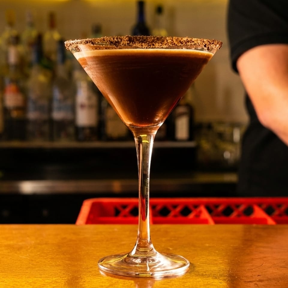 A chocolate martini with a sugared rim sits on a bar, with a bartender in the background.
