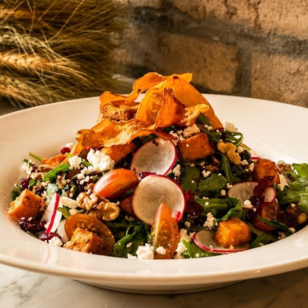 A vibrant salad with greens, radishes, tomatoes, feta, and sweet potato chips in a white bowl.