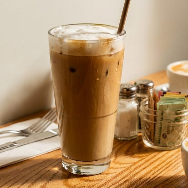 Iced coffee with foam and a straw, two cappuccinos, and sugar packets on a wooden table.